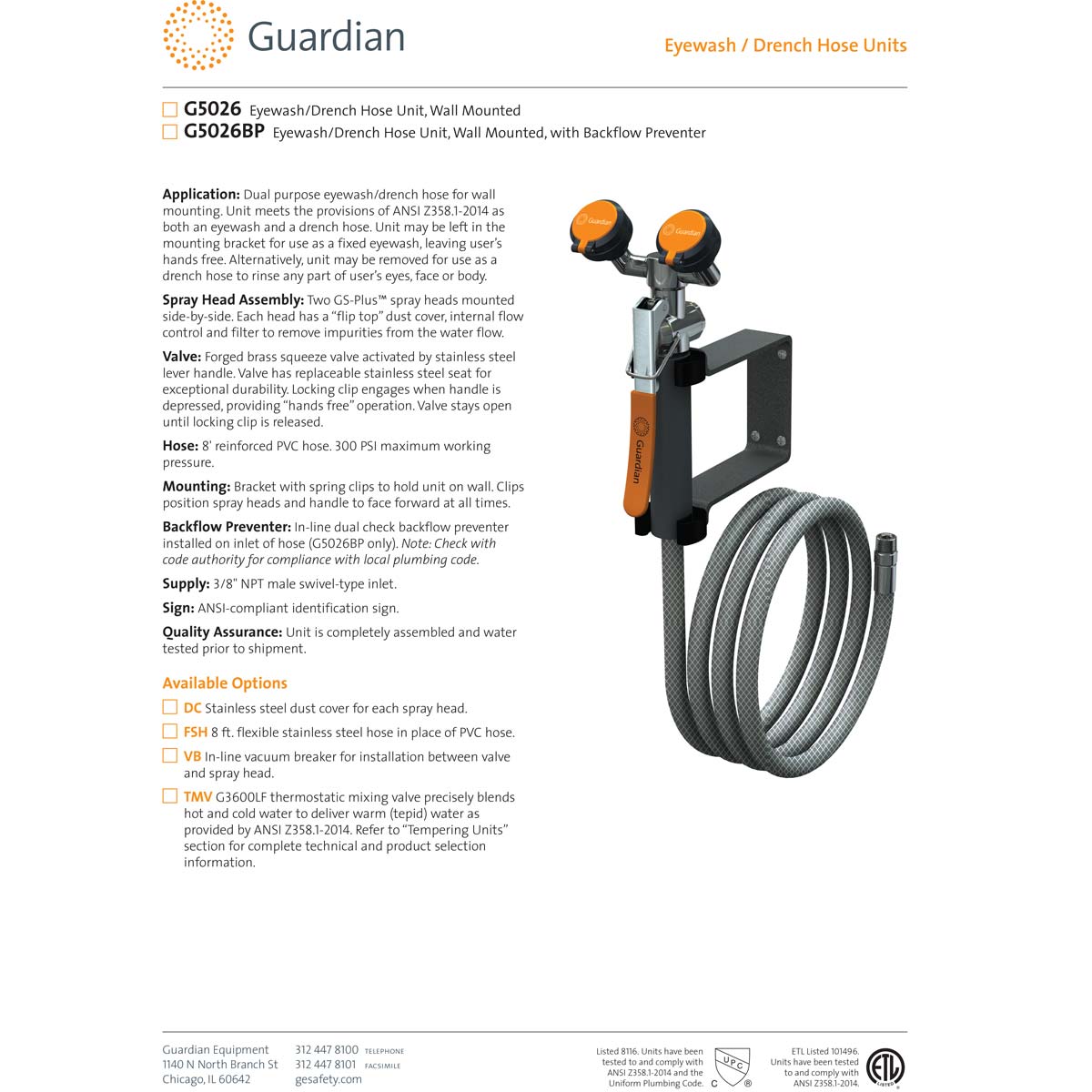 Guardian G5022 Emergency Eyewash/Drench Hose Unit, Deck Mounted ...