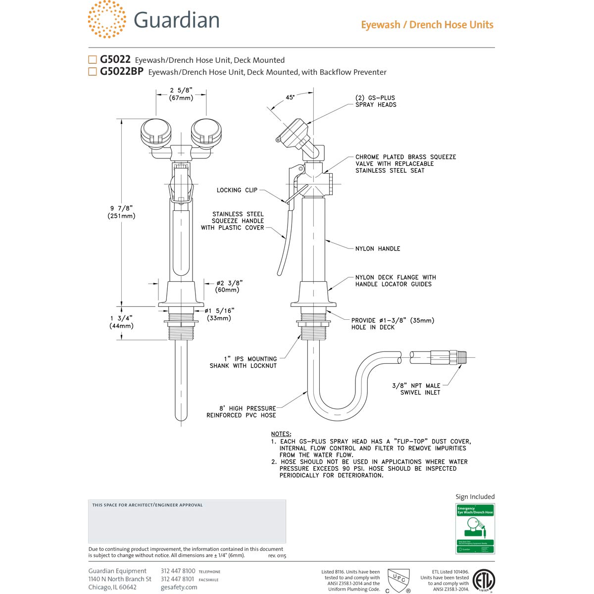 Guardian G5022 Emergency Eyewash/Drench Hose Unit, Deck Mounted