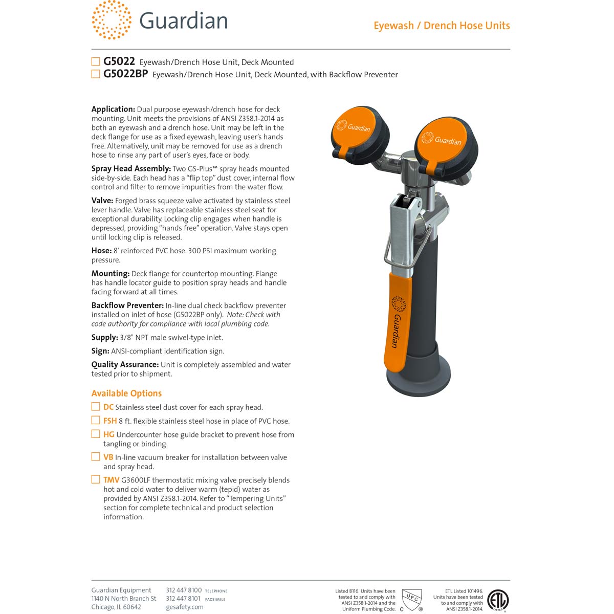 Guardian G5022 Emergency Eyewash/Drench Hose Unit, Deck Mounted ...