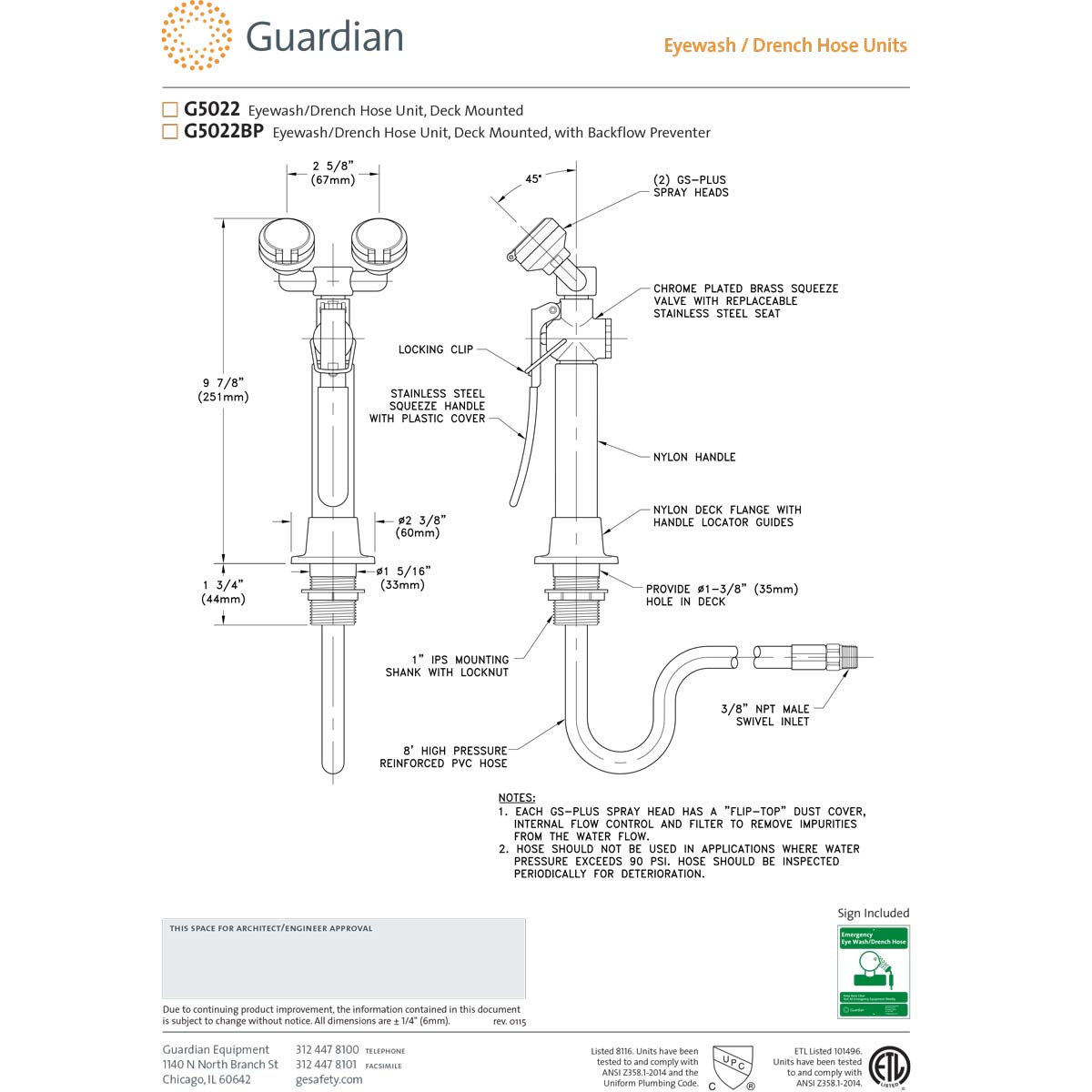 Guardian G5022VB Vacuum Breaker Eyewash/Drench Hose Unit, Deck Mounted