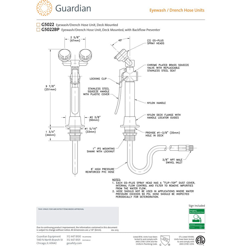 Guardian G5022VB Vacuum Breaker Eyewash/Drench Hose Unit, Deck Mounted