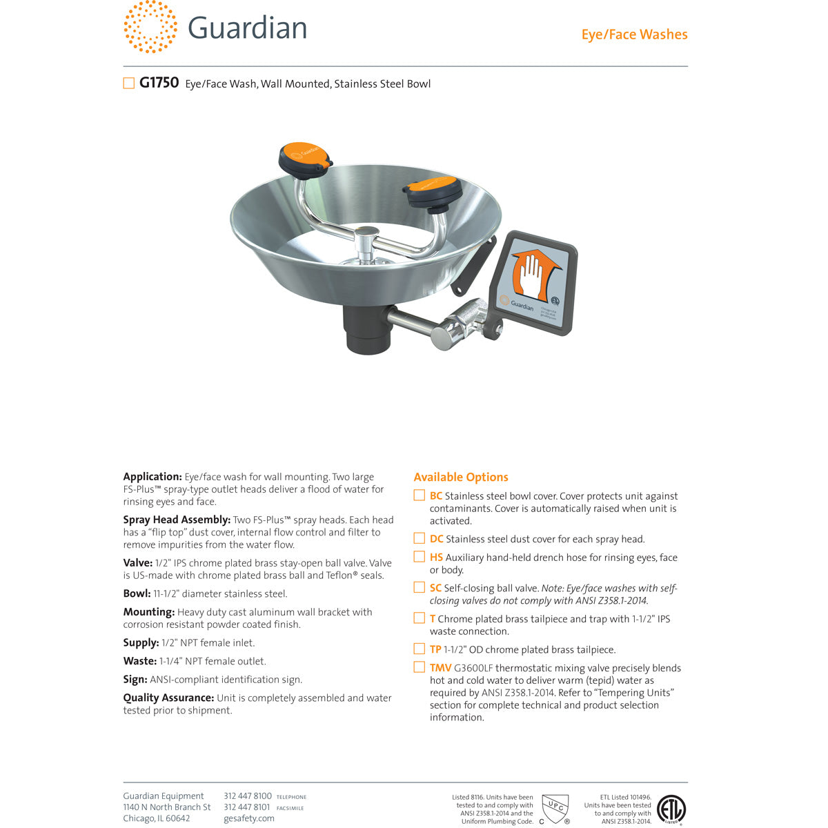 Guardian G1750 Wall Mount Eye/Face Wash Station, Stainless Steel Bowl
