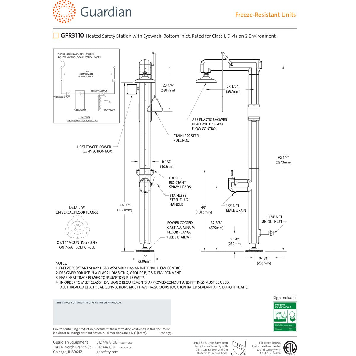 Guardian GFR3110 Heated Safety Station w/ Eyewash, Bottom Inlet
