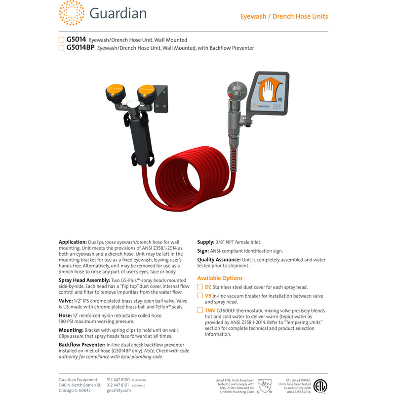 Guardian G5014 Eyewash/Drench Hose Unit, Wall Mounted | EyewashDirect.com