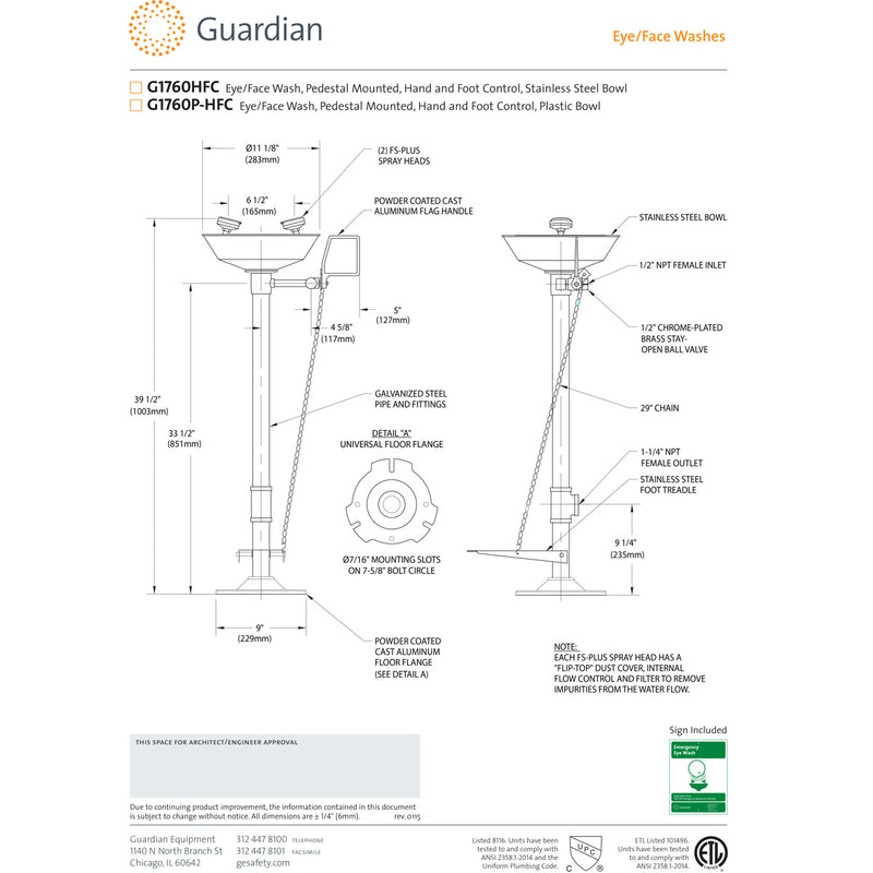 Guardian G1760HFC Pedestal Mount Eye/Face Wash Station, Steel Bowl