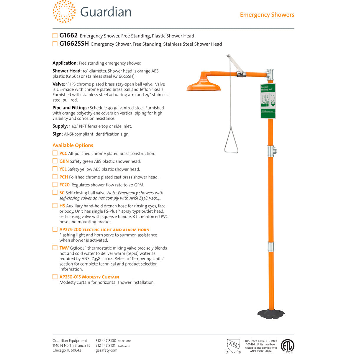 Guardian G1662 Free Standing Emergency Drench Shower, Plastic Head