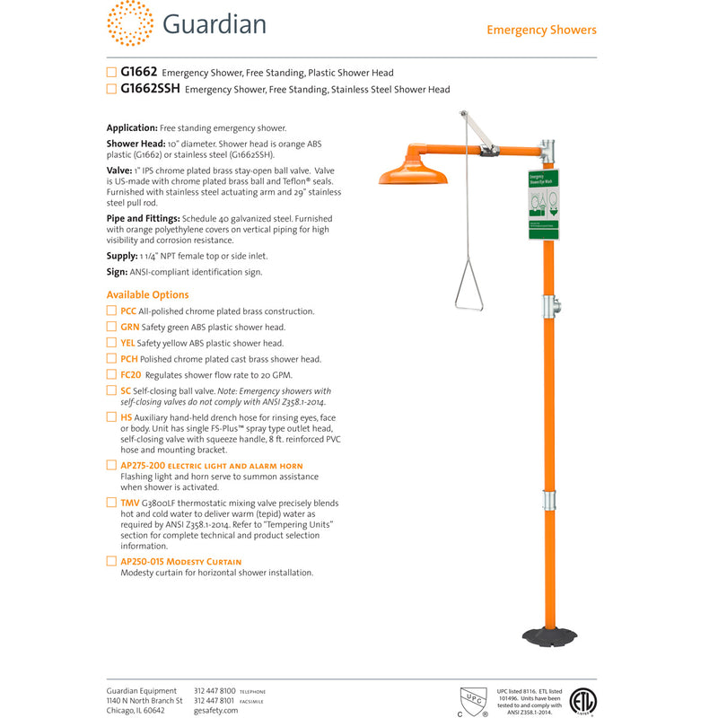 Guardian G1662 Free Standing Emergency Drench Shower, Plastic Head