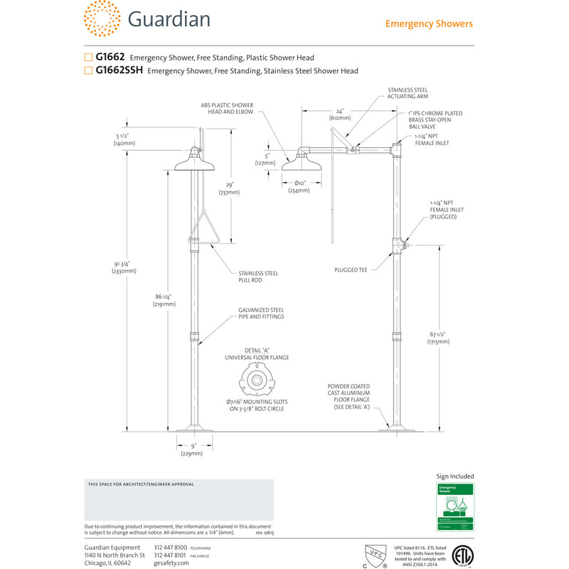 Guardian G1662 Free Standing Emergency Drench Shower, Plastic Head