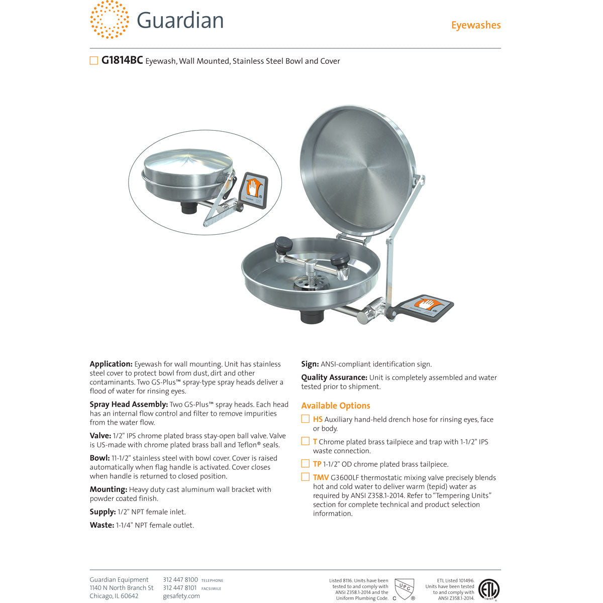 Guardian G1814BC Eyewash, Wall Mounted, Stainless Steel Bowl and Cover