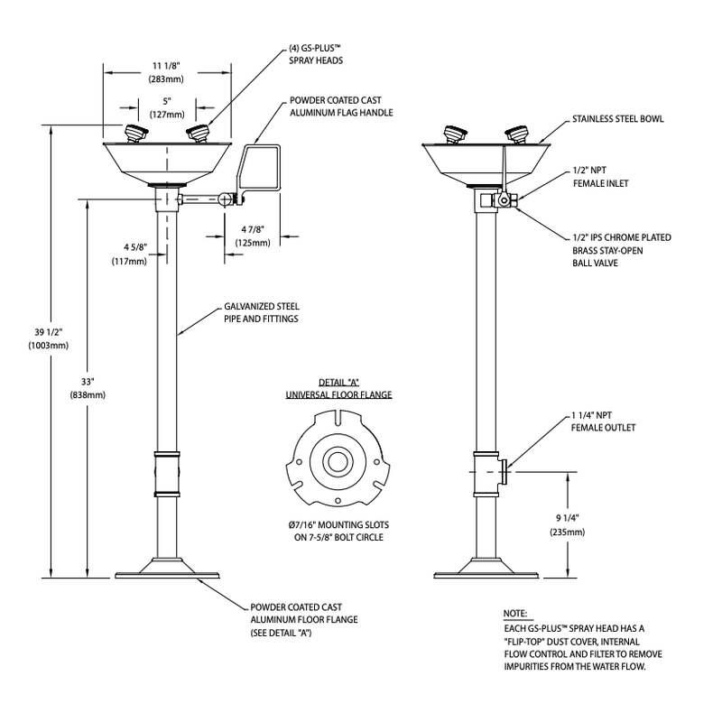 Guardian G1704 Eye/Face Wash, Pedestal Mounted, Stainless Steel Bowl