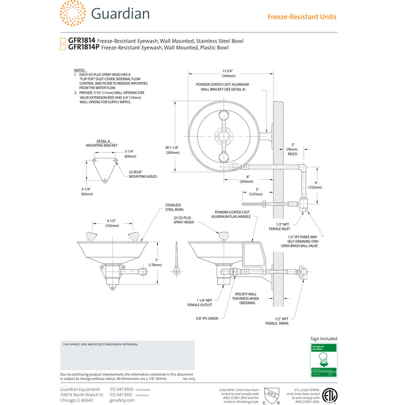 Guardian GFR1814 Freeze-Resistant Wall-Mount Eyewash, Steel Bowl