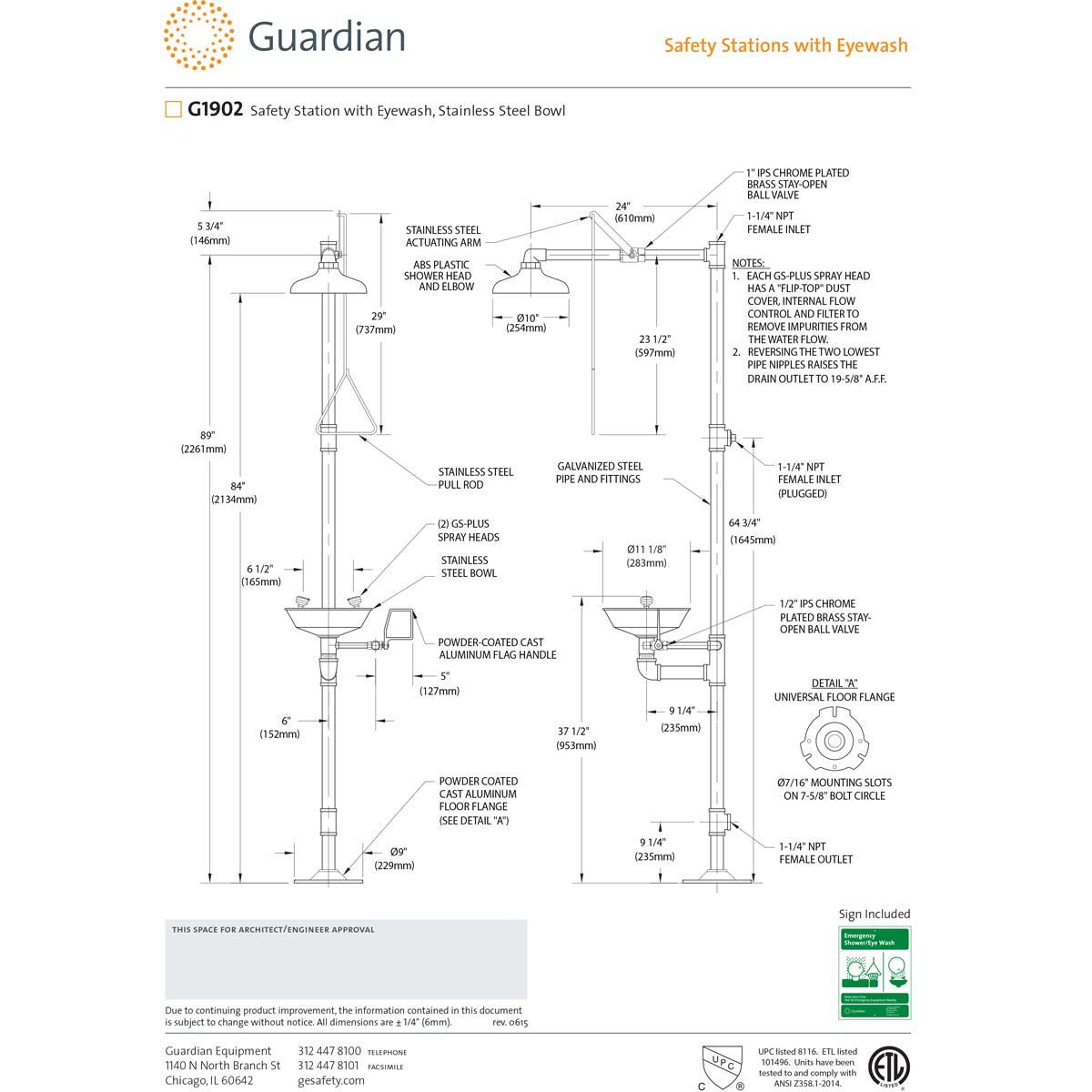 Guardian G1902 Safety Station with Eyewash Station, Stainless Steel Bowl