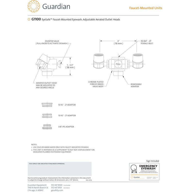 Guardian G1100 EyeSafe Faucet-Mounted Eyewash Station w/ 3" Outlet Heads