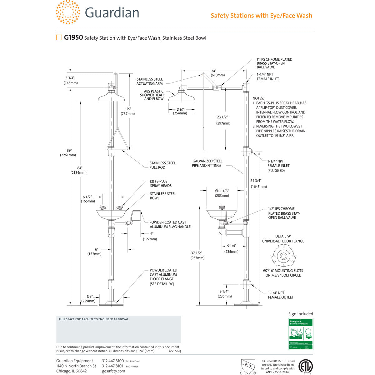 Guardian G1950 Safety Shower with Eye/Face Wash Station, Stainless