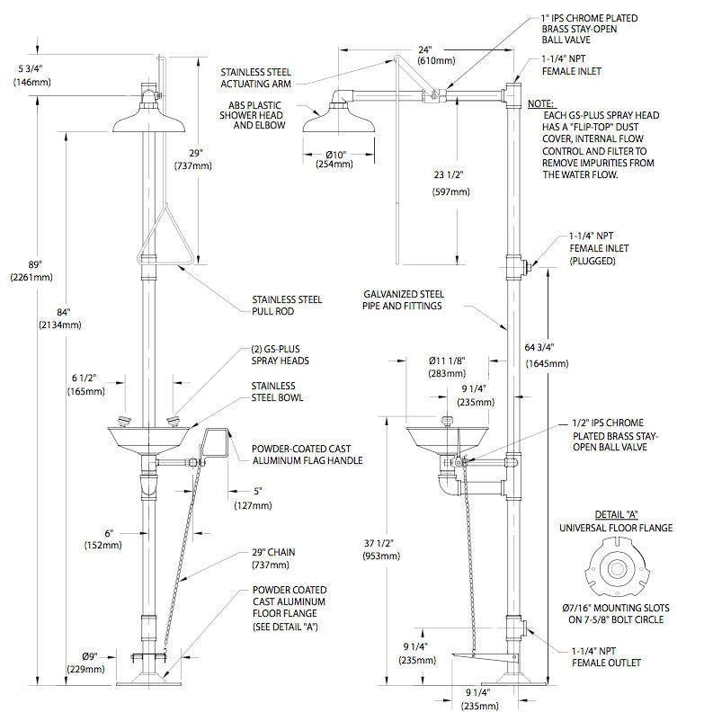 Guardian G1902HFC Safety Shower with Eyewash Station, Hand/Foot Control, Stainless Steel Bowl