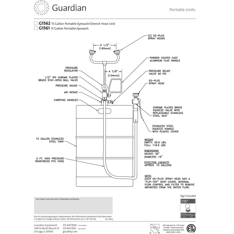 Guardian G1562DOL 15 Gal Portable Eye Wash/Drench Hose, with Dolly