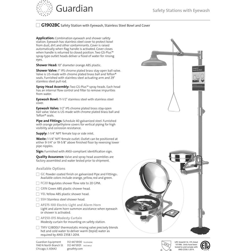 Guardian G1902BC-SSH Combination Eyewash w/ Bowl Cover & Stainless Steel Drench Shower