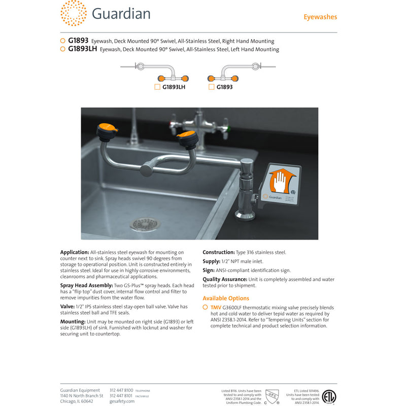 Guardian G1893LH Eyewash, Deck Mounted 90 Swivel, All-Stainless Steel, Left Hand Mounting