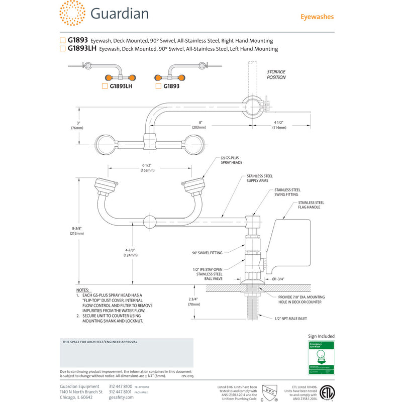 Guardian G1893LH Eyewash, Deck Mounted 90 Swivel, All-Stainless Steel, Left Hand Mounting