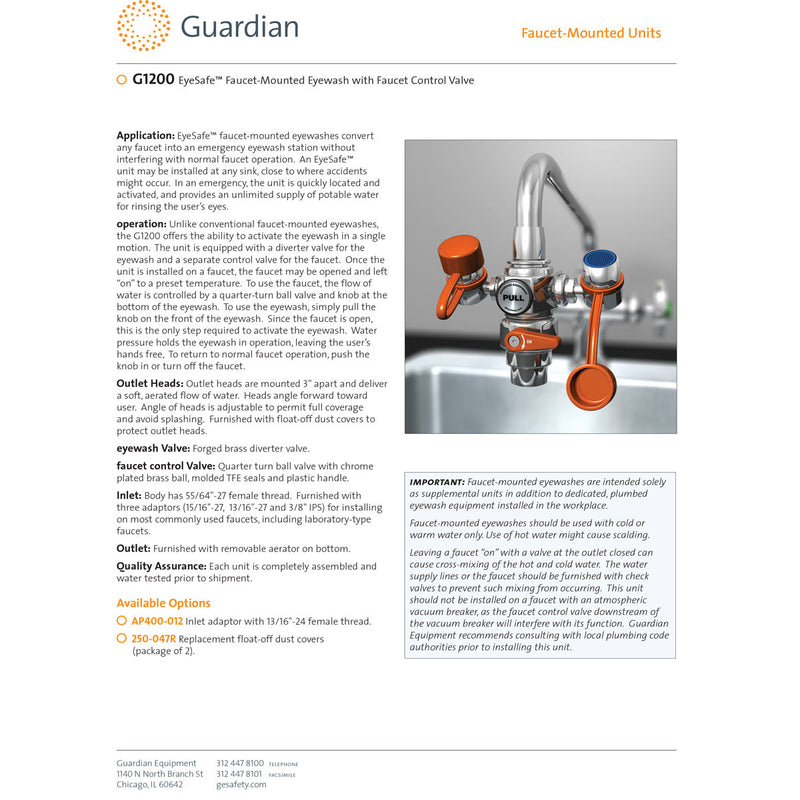 Guardian G1200 EyeSafe Faucet-Mounted 3" Eyewash w/ Faucet Control Valve