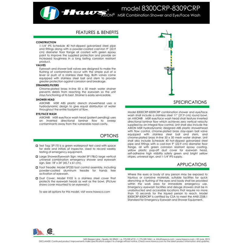 Haws 8300CRP-8309CRP AXION MSR Corrosion Resistant Eyewash Station Shower