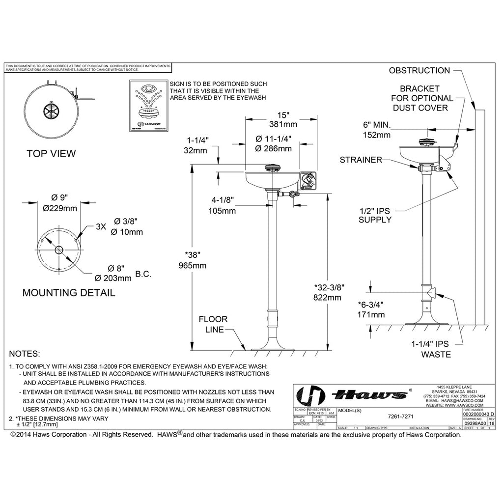 Haws 72617271 AXION MSR Pedestal Mount Eyewash Station w/ Plastic Bowl