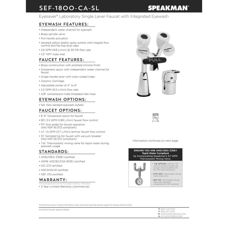 Speakman SEF-1800-CA-SL No Lead, Brass Eyesaver faucet eyewash and faucet work independently, single lever activation