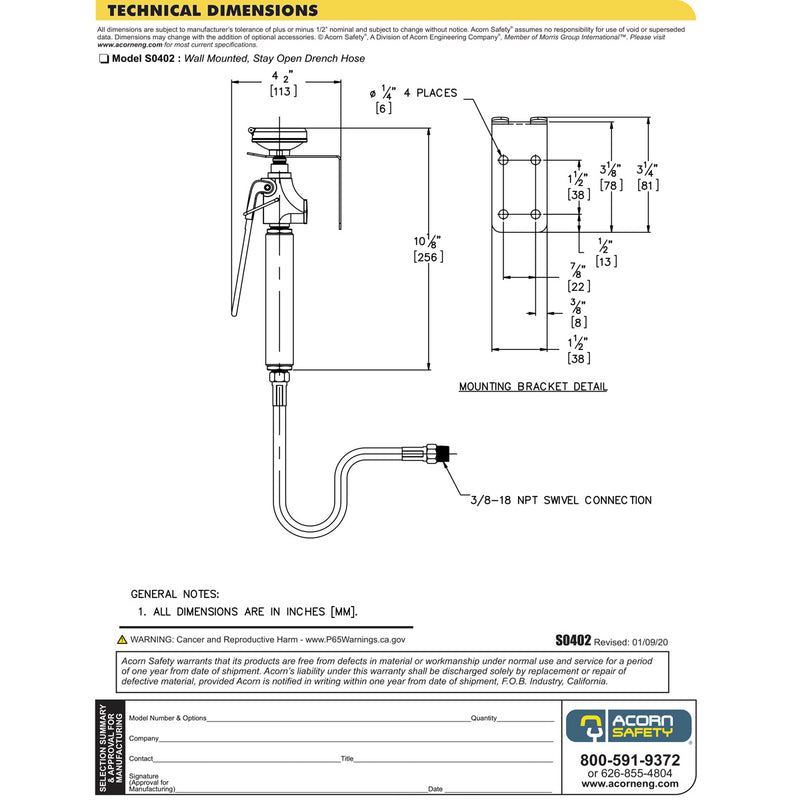 Acorn S0402 Wall Mounted Stay Open Drench Hose