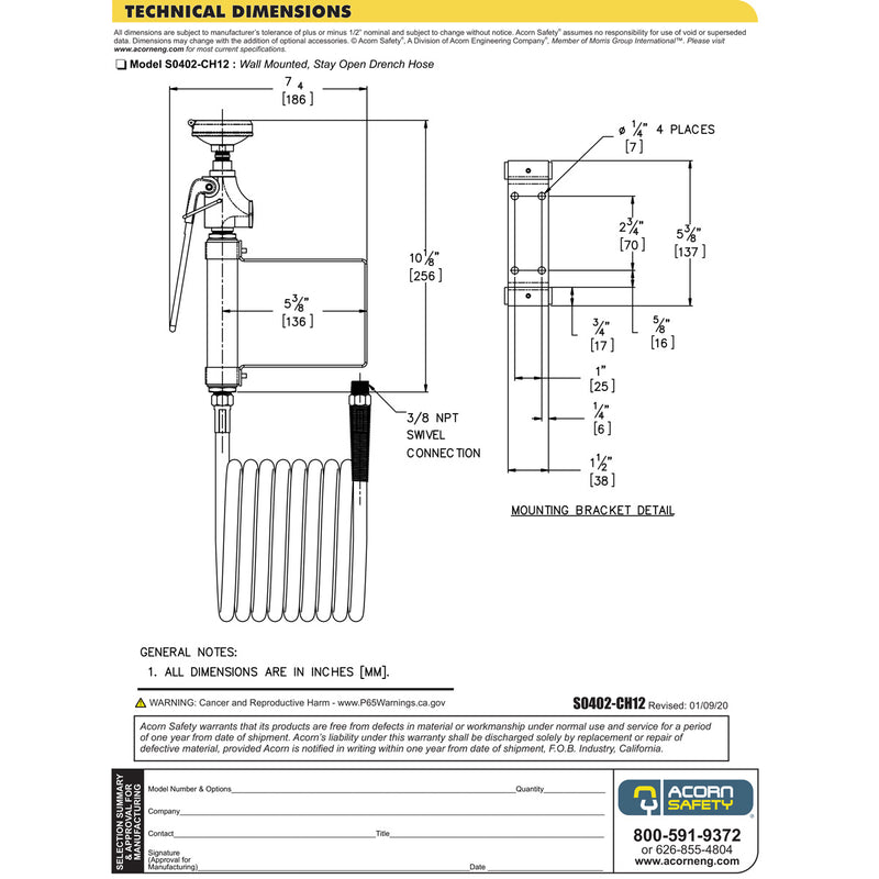 Acorn S0402-CH12 Wall Mounted Stay Open Drench Hose w/ 12' Hose