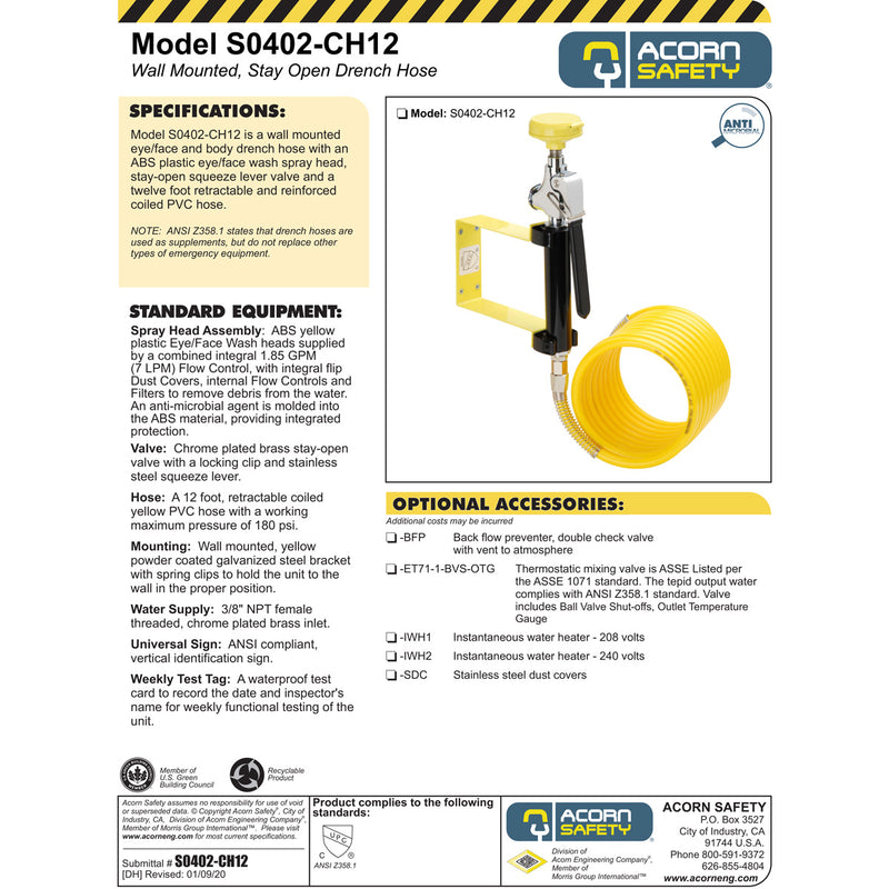 Acorn S0402-CH12 Wall Mounted Stay Open Drench Hose w/ 12' Hose
