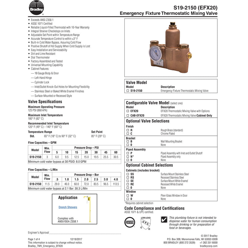 Bradley S19-2150 Navigator EFX20 Emergency Thermostatic Mixing