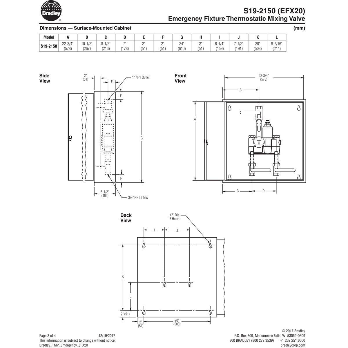 Bradley S19-2150 Navigator EFX20 Emergency Thermostatic Mixing Valve