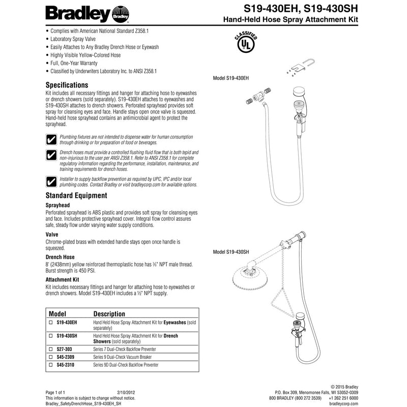 Bradley S19-430SH Drench Shower Hand-Held Hose Spray Retrofit Kit