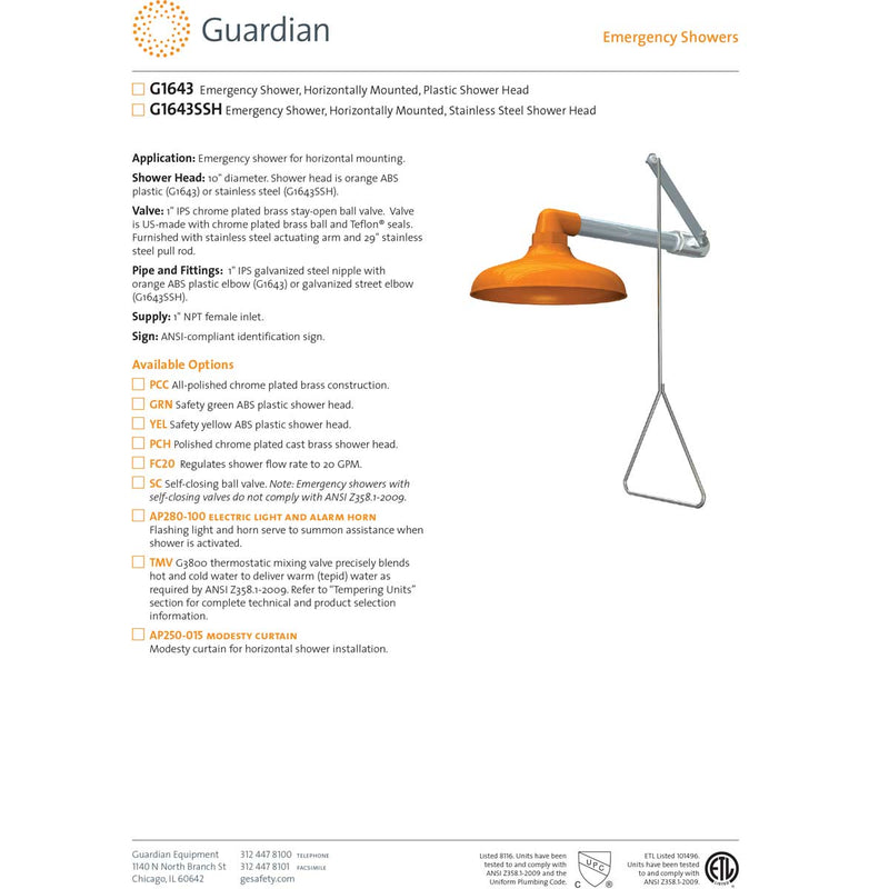 Guardian G1643SSH Emergency Drench Shower, Horizontally Mounted, Stainless Steel Head