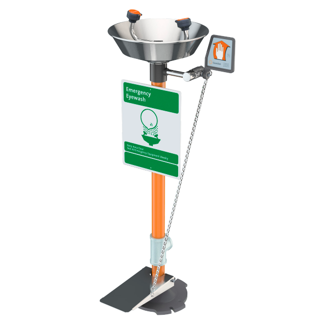Guardian G1825HFC-HS Eyewash Station, Pedestal Mounted, Hand/Foot Control, SS Bowl, Auxiliary Hose Spray
