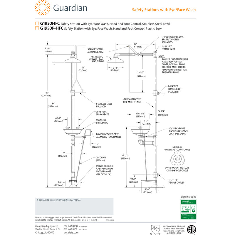 Guardian G1950P-HFC Safety Shower with Eye/Face Wash, Plastic Bowl, Foot Control