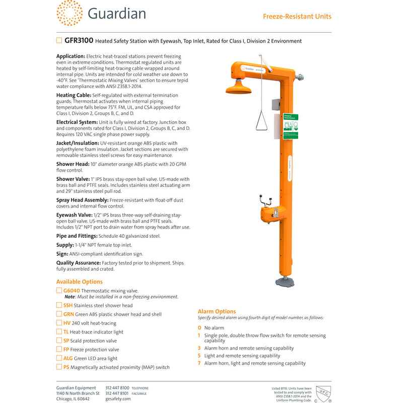 Guardian GFR3107 Heated Safety Station w/ Eyewash, Top Inlet w/ Alarm