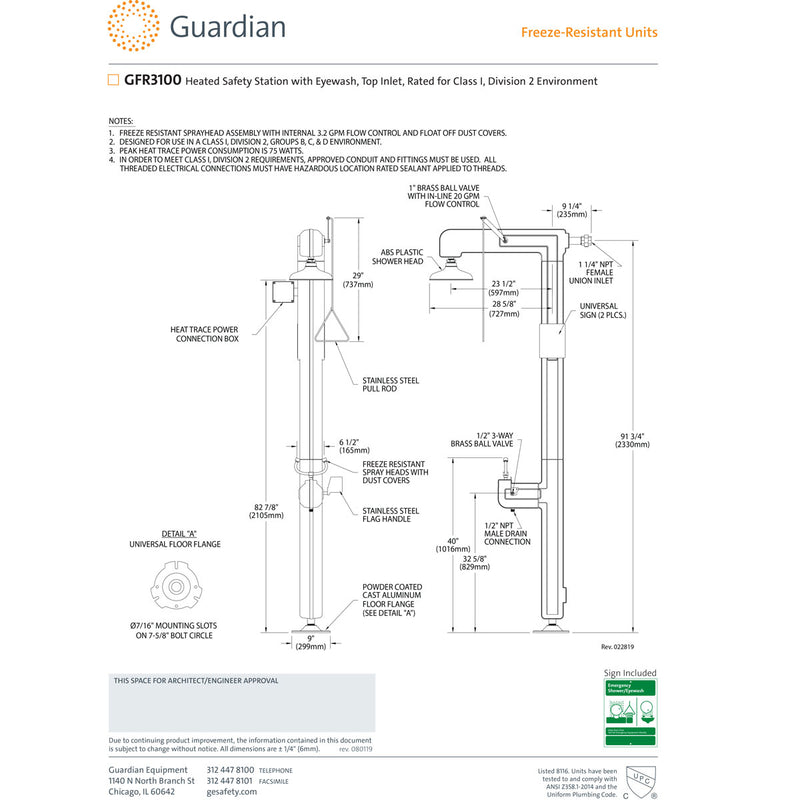 Guardian GFR3107 Heated Safety Station w/ Eyewash, Top Inlet w/ Alarm