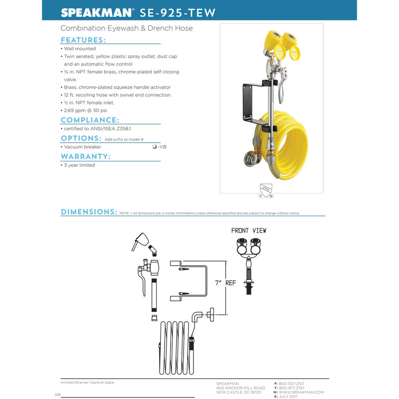 Speakman SE-925-TEW-VB Drench Hose and Eyewash Combination with Vacuum Breaker