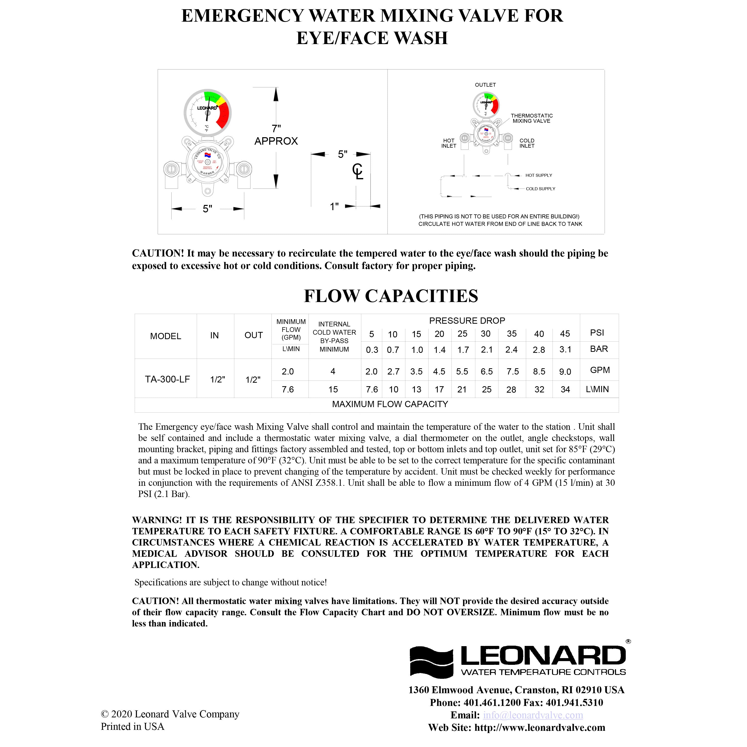 Leonard LF Single Eye/Face Wash Thermostatic Mixing Valve, 4 GPM - TA-300-LF