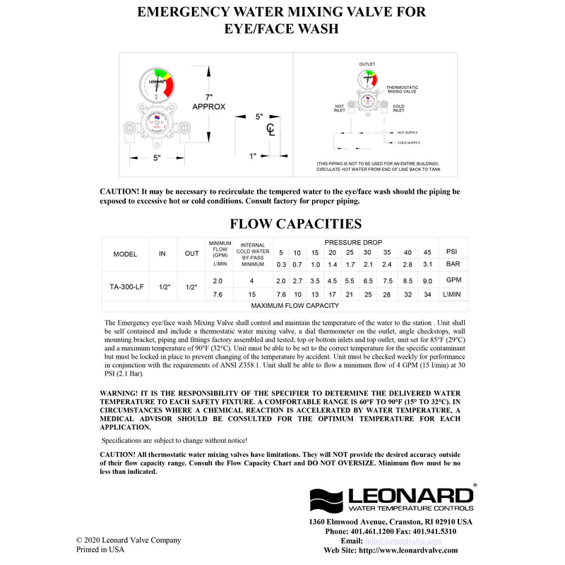 Leonard LF Single Eye/Face Wash Thermostatic Mixing Valve, 4 GPM - TA-300-LF