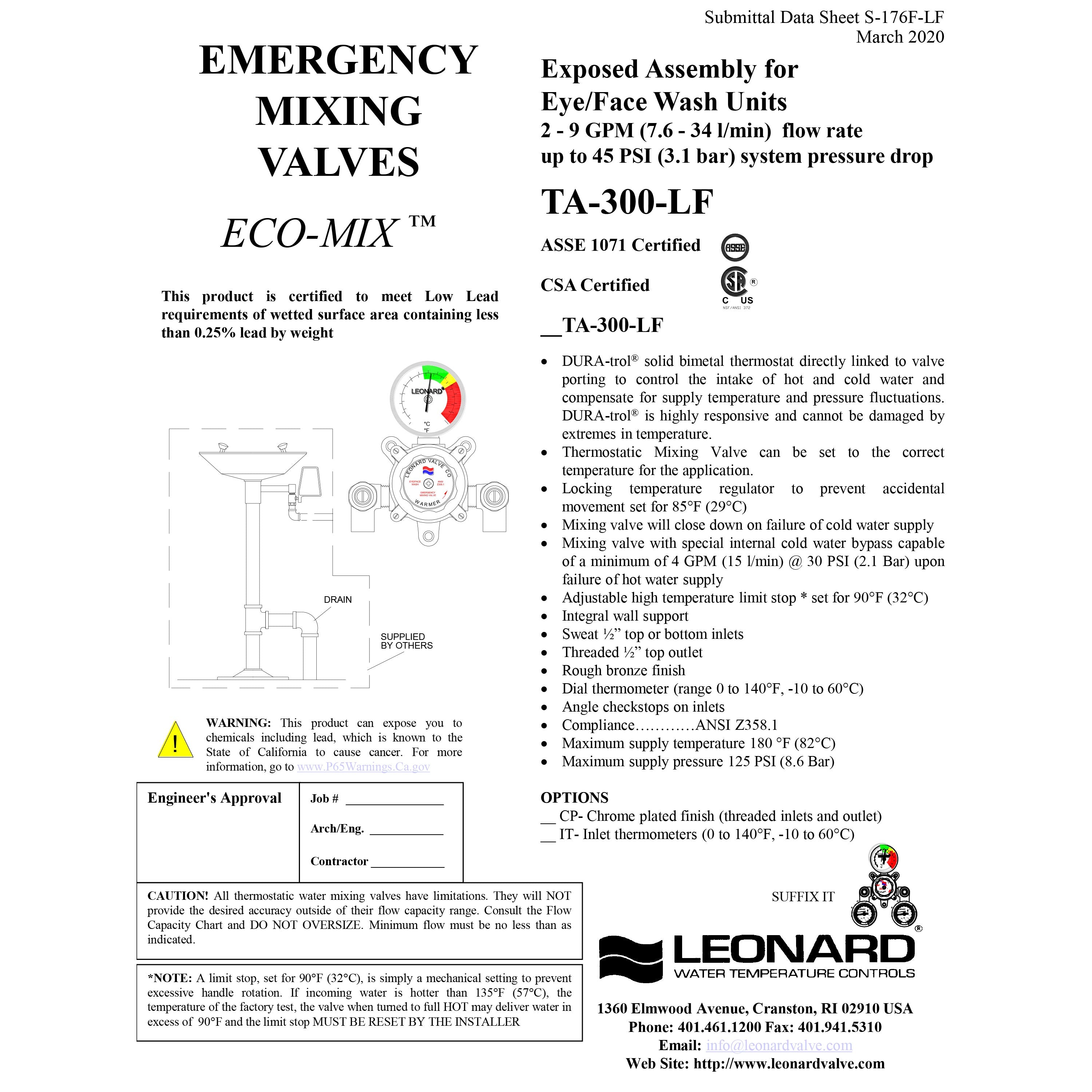 Leonard LF Single Eye/Face Wash Thermostatic Mixing Valve, 4 GPM - TA-300-LF
