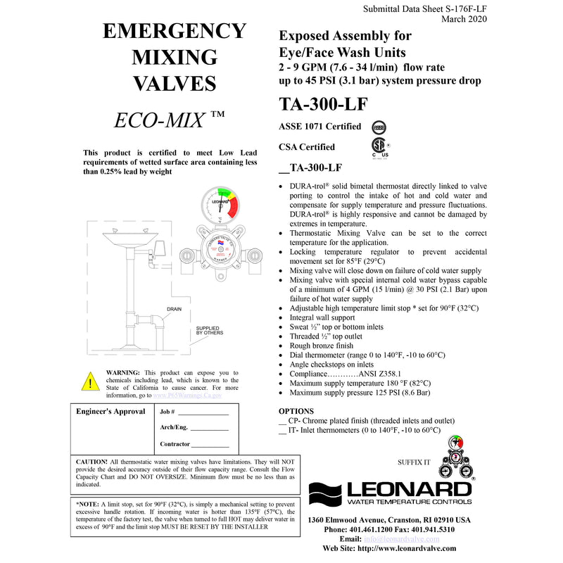 Leonard LF Single Eye/Face Wash Thermostatic Mixing Valve, 4 GPM - TA-300-LF