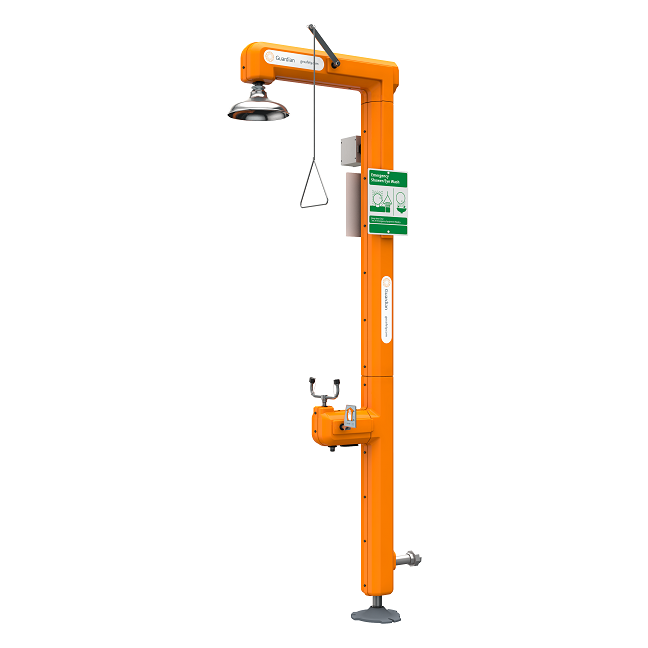 Guardian GFR3515 Heated Safety Station with Eyewash, Stainless Steel Pipe/Fittings, Bottom Inlet, Rated for Class I, Division 2 Environment, Light and remote sensing capability