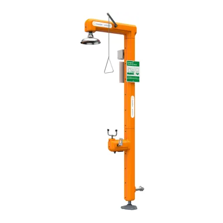 Guardian GFR3517 Heated Safety Station with Eyewash, Stainless Steel Pipe/Fittings, Bottom Inlet, Rated for Class I, Division 2 Environment, Alarm horn, light and remote sensing capability