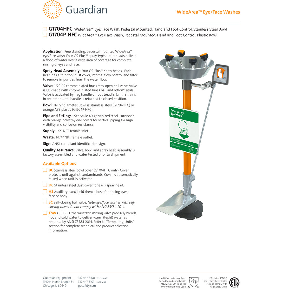 Guardian G1704HFC Emergency Eye/Face Wash Station, Pedestal Mount