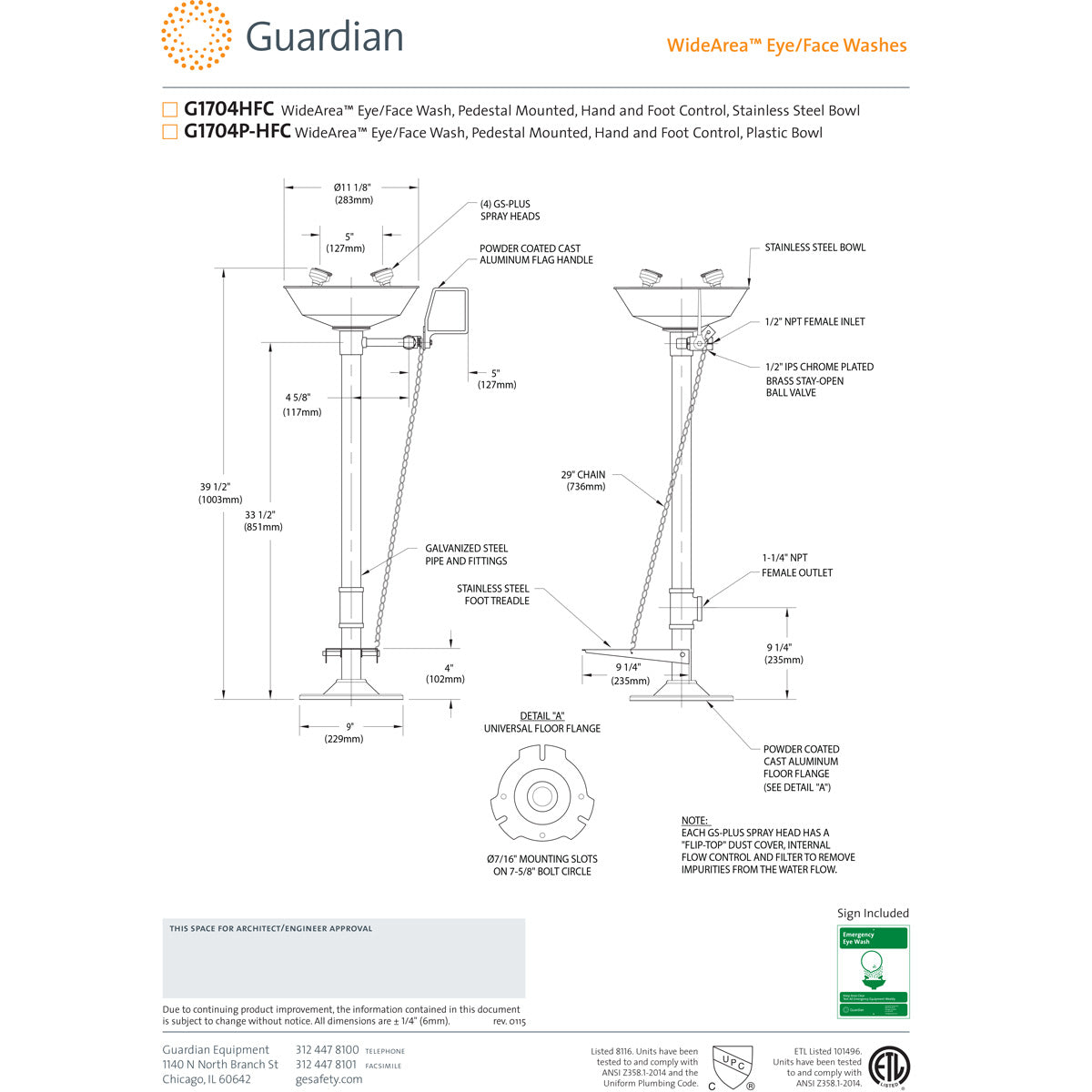 Guardian G1704HFC Emergency Eye/Face Wash Station, Pedestal Mount