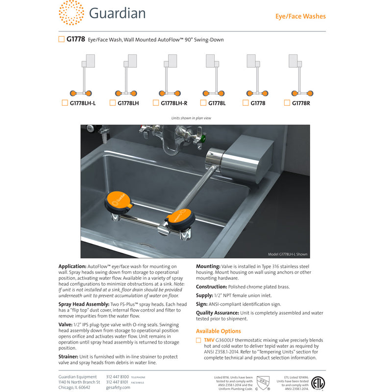 Guardian G1778LH-L Eye/Face Wash, Wall Mounted Swing-Down