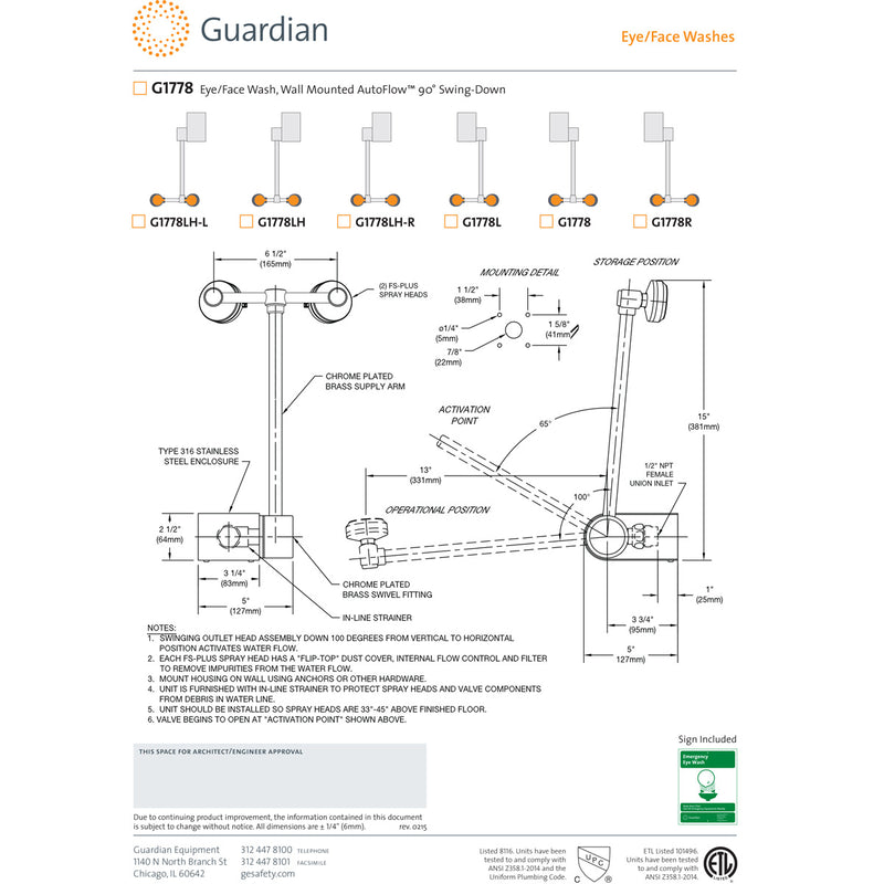 Guardian G1778LH-L Eye/Face Wash, Wall Mounted Swing-Down