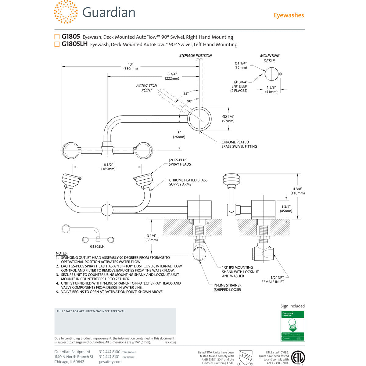 Guardian G1805 Eyewash Station, Deck Mounted AutoFlow Swivel, Right Hand Mounting